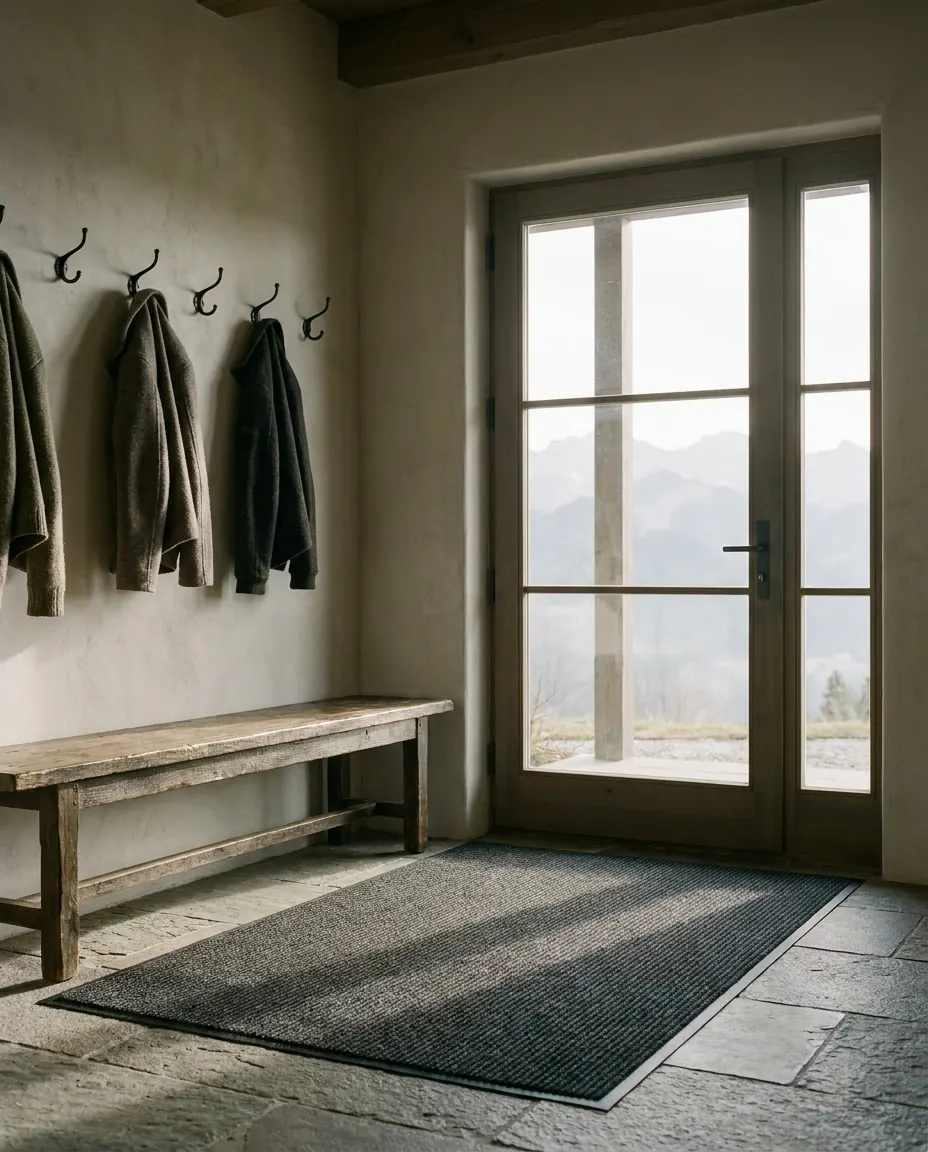 Office entryway with a clean grit-catching mat and a dry stone floor