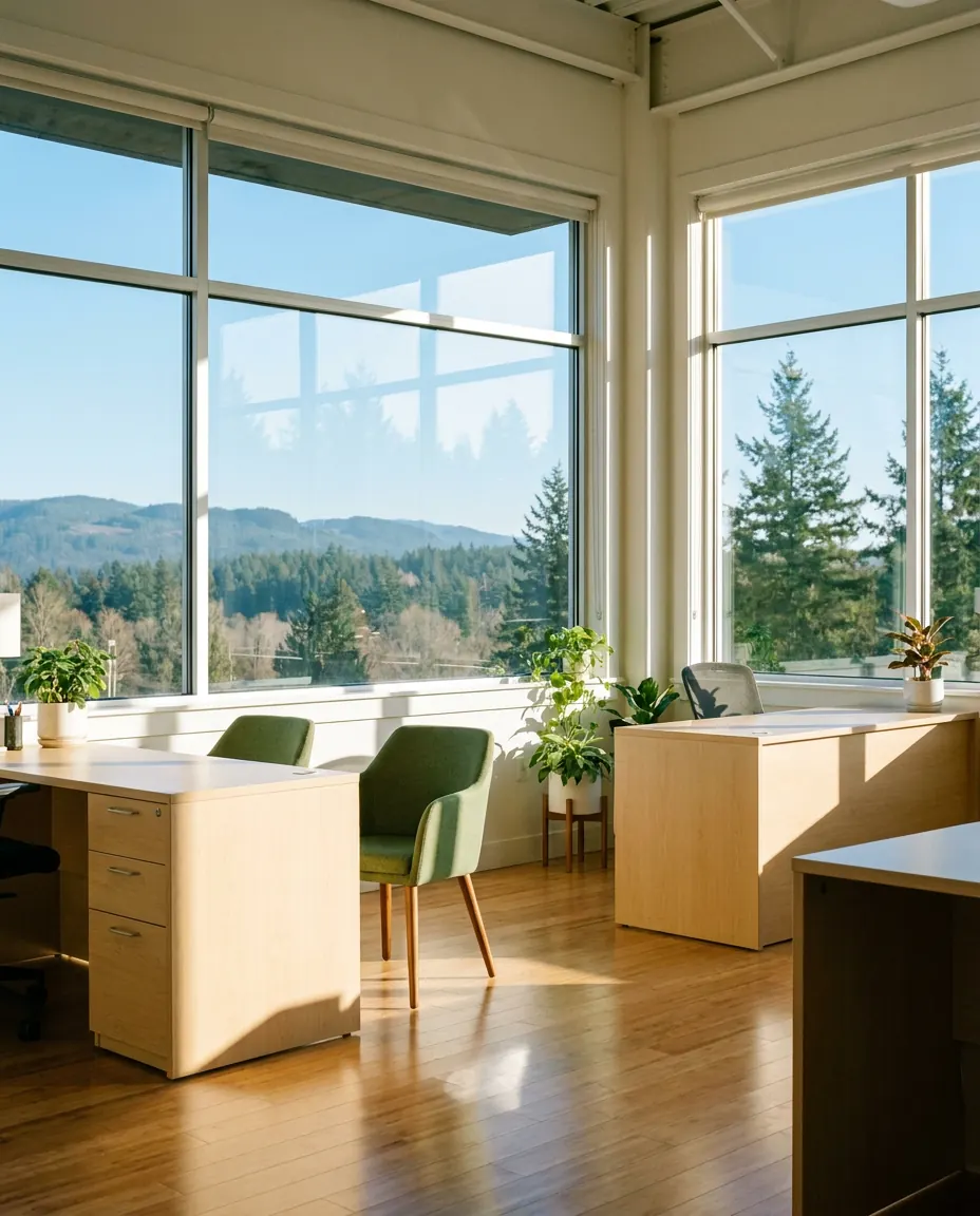 Office with large windows facing forested foothills and clean light wood floors