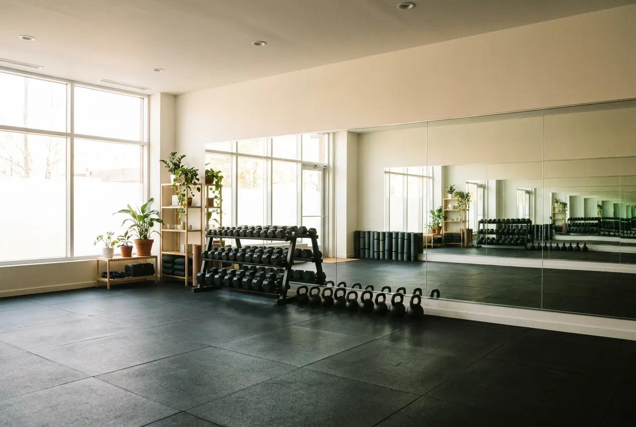 Clean fitness studio with rubber flooring and streak-free mirrors